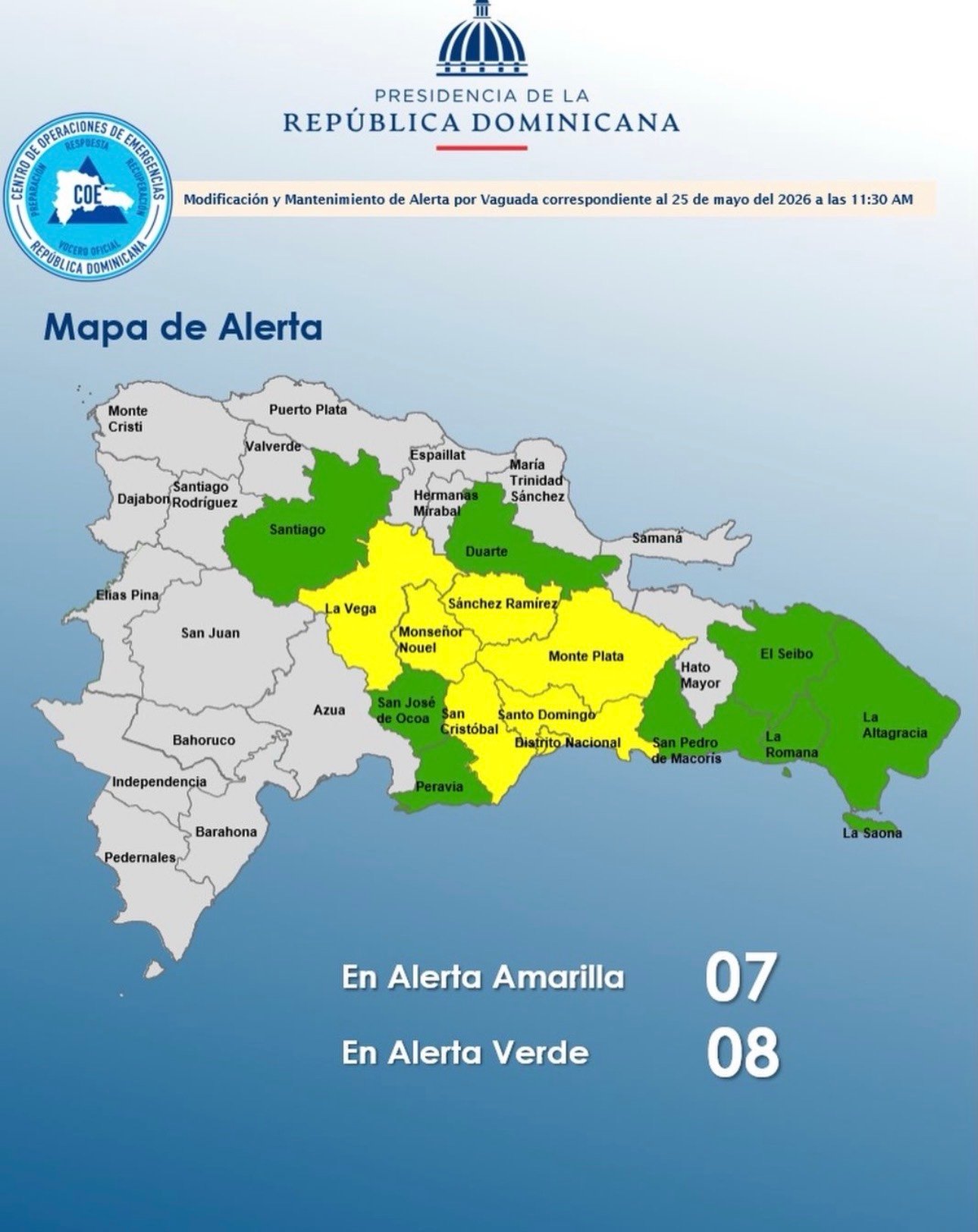 COE mantiene 15 provincias en alerta por vaguada